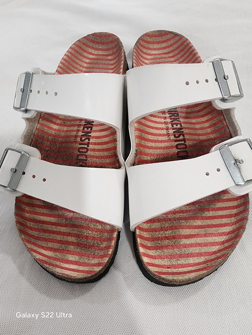 Birkenstock Women White Two-Strap Sandal with Red Striped Footbed